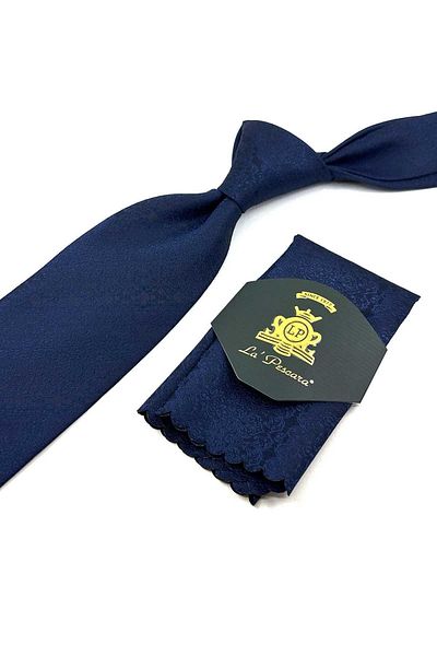 Kravatkolik Navy Blue Motif Pattern Classic Necktie with Handkerchief KK12423