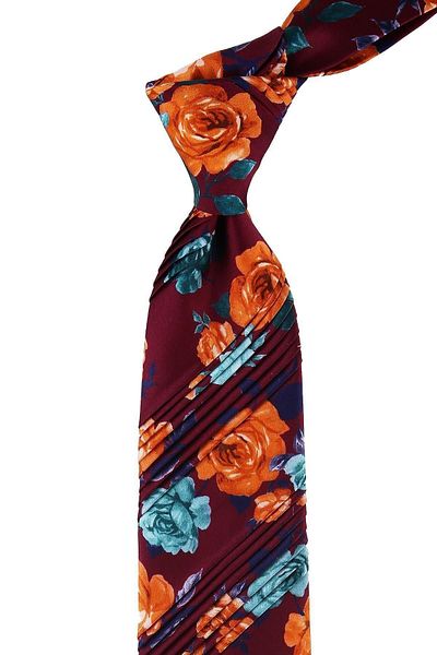 Kravatkolik Men's Burgundy Flower Pattern Pleated Silk Tie Est147