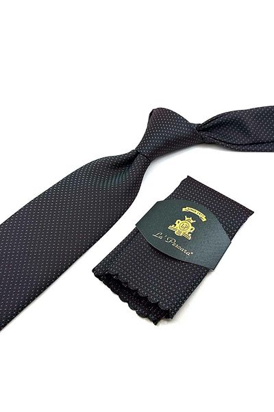 Kravatkolik Plum - Classic Necktie with Green Dot Pattern Handkerchief KK12501