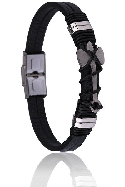 Kravatkolik Black - Silver Color Leather Steel Men's Bracelet Blk1577