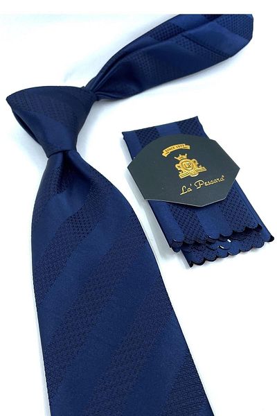 Kravatkolik Navy Blue Line Pattern Classic Necktie with Handkerchief