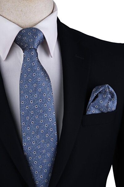 Kravatkolik Κλασική γραβάτα με μπλε μαντήλι με μικρό σχέδιο Kk10625