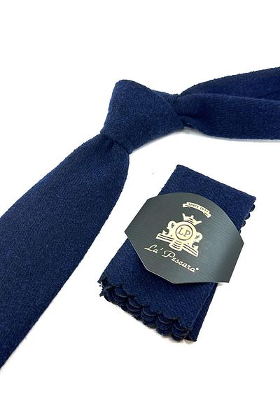 Kravatkolik Navy Blue Plain Pattern Classic Wool Tie with Handkerchief KK12107