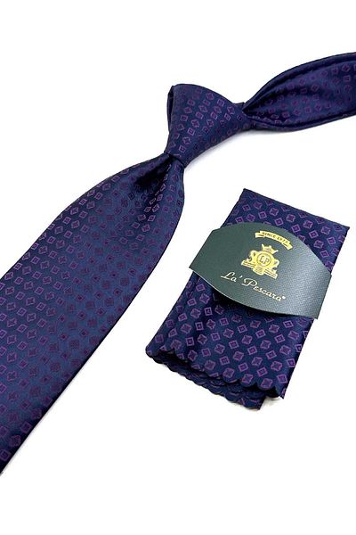 Kravatkolik Patterned Navy Blue Classic Tie with Handkerchief - KK12710