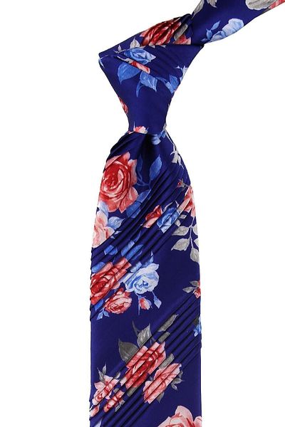 Kravatkolik Men's Navy Blue Flower Pattern Pleated Silk Tie