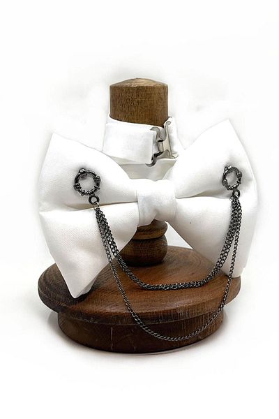 Kravatkolik White Plain Chain Groom's Suit Bow Tie P1726