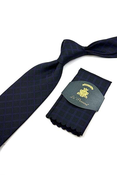 Kravatkolik Black Square Pattern Classic Tie with Handkerchief KK12473