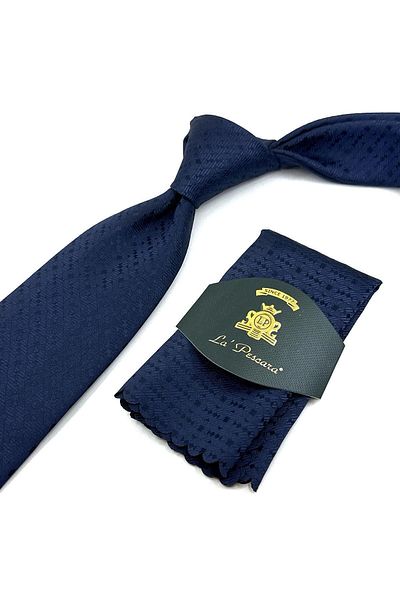Kravatkolik Navy Blue Motif Pattern Classic Necktie with Handkerchief KK12010