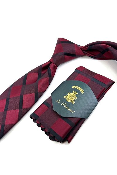 Kravatkolik Claret Red Plaid Pattern Classic Tie with Handkerchief Kk11170