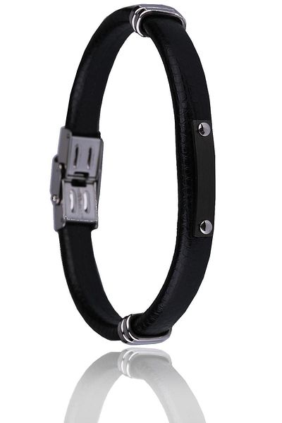 Kravatkolik Black Leather Steel Men's Bracelet Blk1568