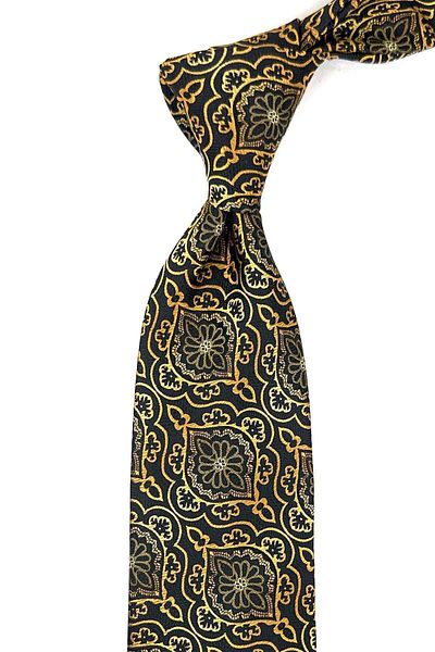 Kravatkolik Black - Yellow Motif Pattern Classic Tie with Handkerchief KK11980