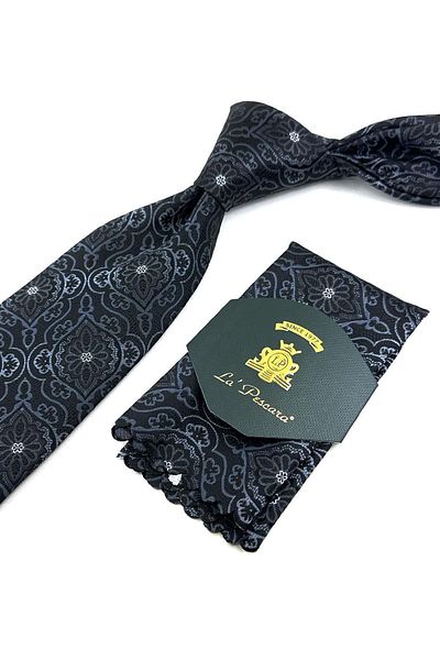 Kravatkolik Black - Smoked Motif Pattern Classic Necktie with Handkerchief KK11978