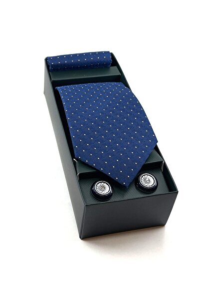 La Pescara Navy Blue Handkerchief Tie Gray Cufflinks Gift Set OS507