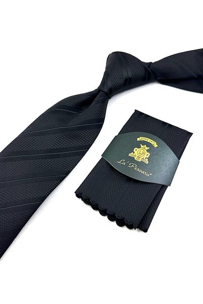 Kravatkolik Black Striped Tie with Handkerchief - KK12695