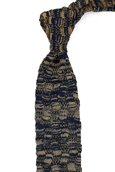 La Pescara Yellow - Navy Blue Motif Pattern Knitted Tie ORR8361