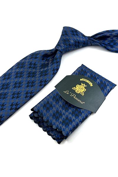 Kravatkolik Classic Tie with Blue Motif Pattern Handkerchief KK12028