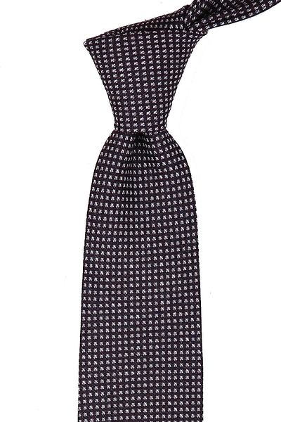 Kravatkolik Brown - Navy Small Pattern Classic Linen Tie with Handkerchief Kk9160
