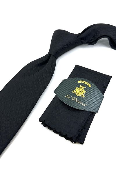 Kravatkolik Black Motif Pattern Classic Necktie with Handkerchief KK12013