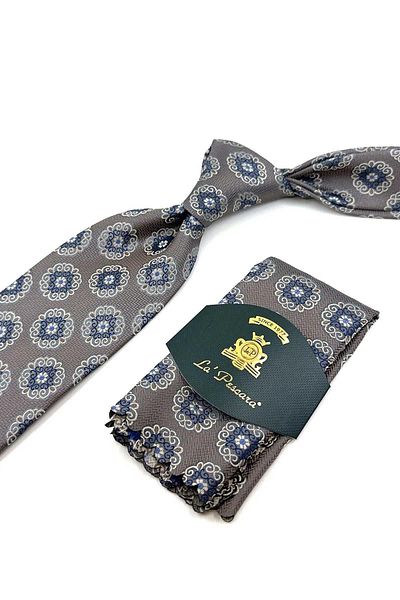 Kravatkolik Gray - Beige Motif Pattern Classic Tie with Handkerchief KK12248