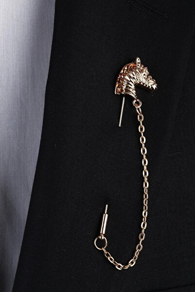 La Pescara Altın Renk Turuncu Taşlı At Motif Yaka İğnesi YI275