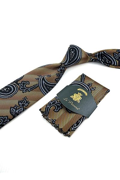 Kravatkolik Yellow Shawl Pattern Classic Tie with Handkerchief KK12050