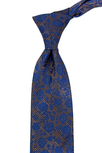 Kravatkolik Brown - Blue Flower Pattern Classic Tie with Handkerchief Kk11180