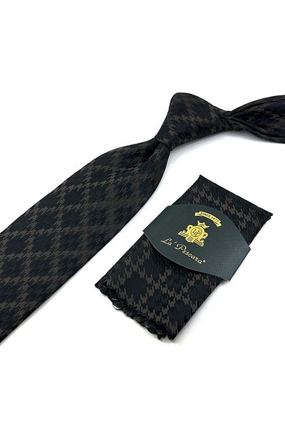 Kravatkolik Black - Brown Motif Pattern Classic Tie with Handkerchief KK12024