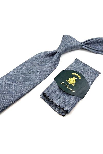 Kravatkolik Blue - Beige Sand Pattern Classic Tie with Handkerchief KK12344