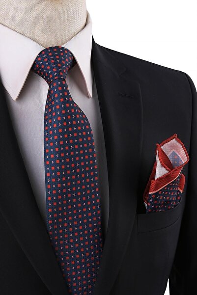 Kravatkolik Ανδρική κλασική γραβάτα με μικρό σχέδιο με μαντήλι σε μπλε ναυτικό χρώμα Kk10707