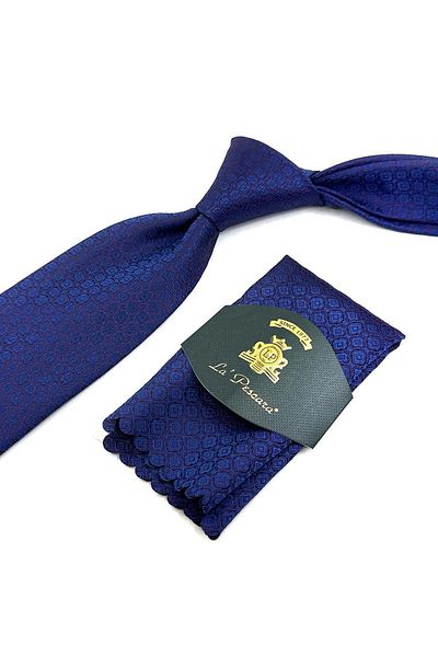 Kravatkolik Plum - Navy Blue Motif Pattern Classic Necktie with Handkerchief KK11969