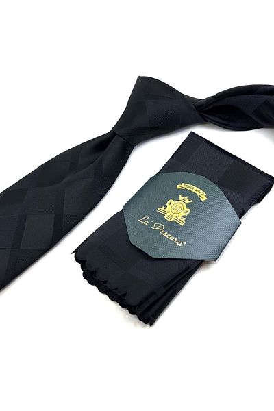 Kravatkolik Black Plaid Pattern Classic Tie with Handkerchief Kk11169
