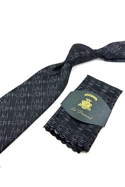 Kravatkolik Black Motif Pattern Classic Tie with Handkerchief KK12439
