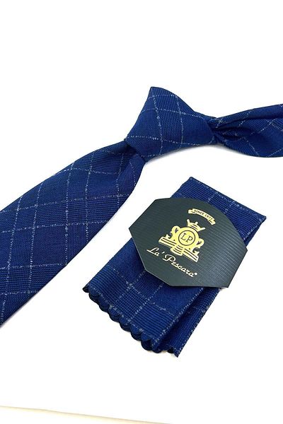 Kravatkolik Navy Blue Plaid Pattern Classic Wool Tie with Handkerchief KK12113