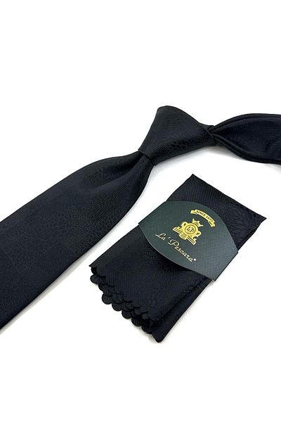 Kravatkolik Black Motif Pattern Classic Tie with Handkerchief KK12054
