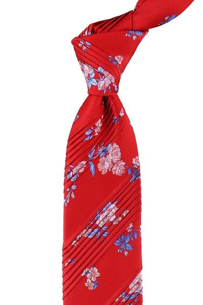 Kravatkolik Men's Red Flower Pattern Pleated Silk Tie