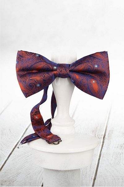 Kravatkolik Men's Navy Blue - Orange Shawl Pattern Bow Tie P856