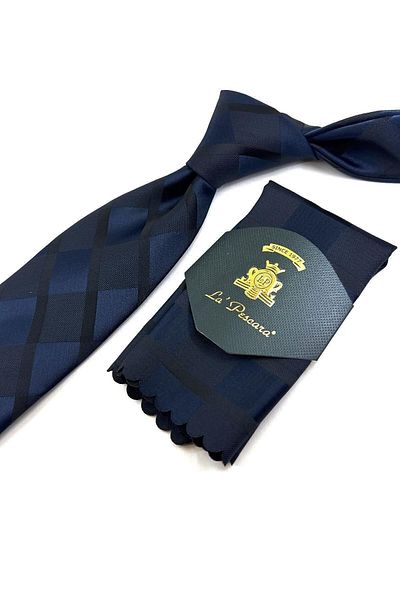 Kravatkolik Navy Blue Plaid Pattern Classic Tie with Handkerchief Kk11167