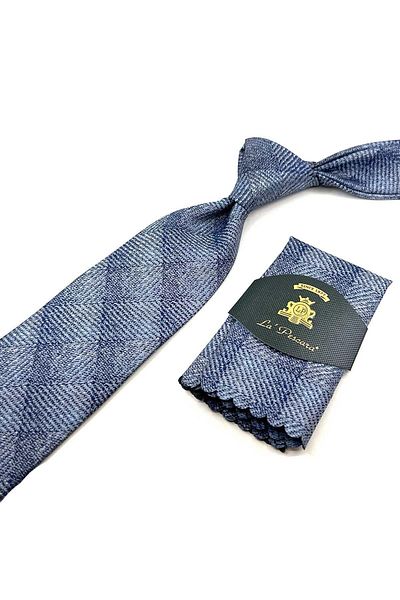 Kravatkolik Gray - Blue Sand Pattern Classic Tie with Handkerchief KK12507