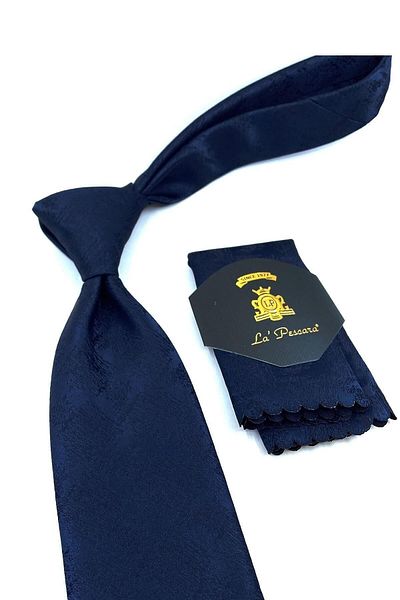 Kravatkolik Navy Blue Motif Pattern Classic Tie with Handkerchief Kk10981