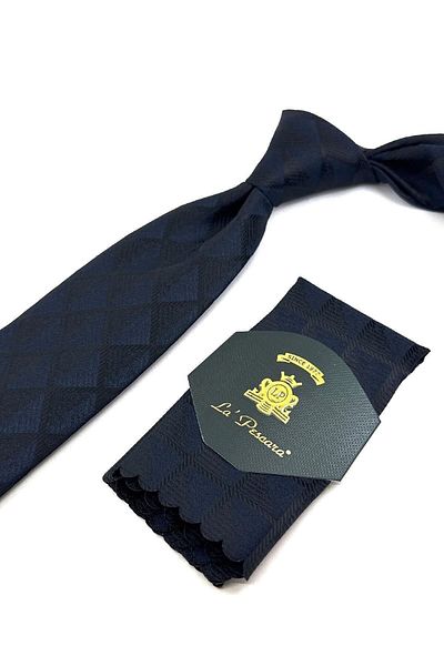 Kravatkolik Navy Blue Square Pattern Classic Tie with Handkerchief Kk11343