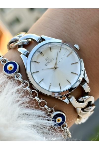 Reward Brand Steel Band Waterproof Silver Color Women's Wristwatch+bracelet
