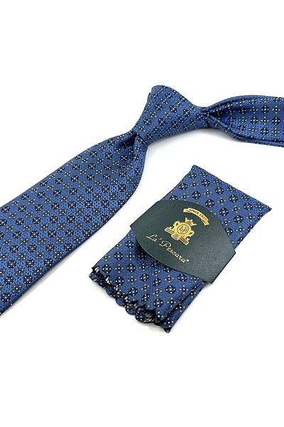 Kravatkolik Classic Tie with Blue Motif Pattern Handkerchief KK12073