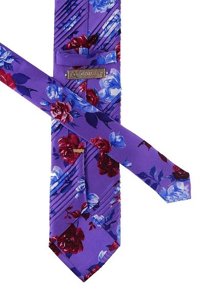 Kravatkolik Men's Dark Lilac Flower Pattern Pleated Silk Tie Est145
