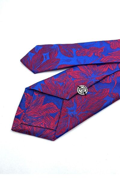 Kravatkolik Blue - Red Flower Pattern Thin Tie Sk7605