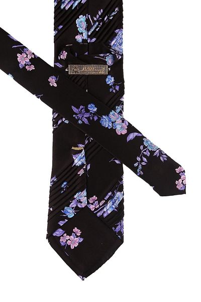 Kravatkolik Men's Black Flower Pattern Pleated Silk Tie Est144