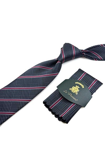 Kravatkolik Smoked Line Pattern Classic Necktie with Handkerchief KK12368