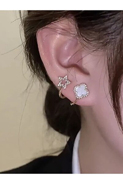 Shisa Jewel Küpe, 925 Ayar Gümüş Post, Yıldız Ve Beyaz Yonca Şeklinde[26].