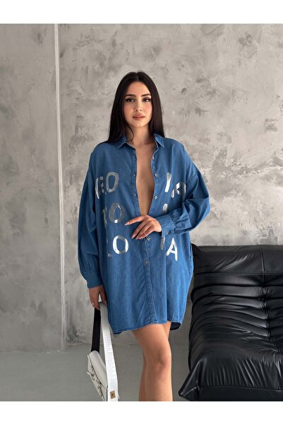 efstyle varak baskılı düğmeli cepli uzun tunik denim gömlek