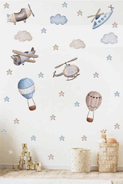 Ayza Tasarım Set de autocolante pentru copii, cu bule albastre, avion și elic...