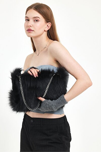 Fluffy Turkey Zincir Detaylı Angel Baget Çanta / Zincirli Suni Kürk Peluş Kad...